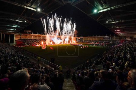 Photo for A general view of the Fireworks at the Totally Wicked Stadium before the Betfred Super League Round 1 match St Helens vs London Broncos at Totally Wicked Stadium, St Helens, United Kingdom, 16th February 202 - Royalty Free Image
