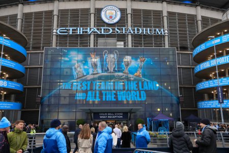 Photo for Fans start to gather outside the stadium ahead of the Premier League match Manchester City vs Chelsea at Etihad Stadium, Manchester, United Kingdom, 17th February 202 - Royalty Free Image