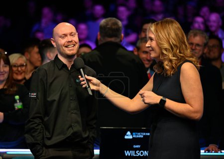 Photo for Gary Wilson all smiles hes interviewed following his Welsh Open victory,  2024 BetVictor Welsh Open Final at Venue Cymru, Llandudno, United Kingdom, 18th February 2024 - Royalty Free Image