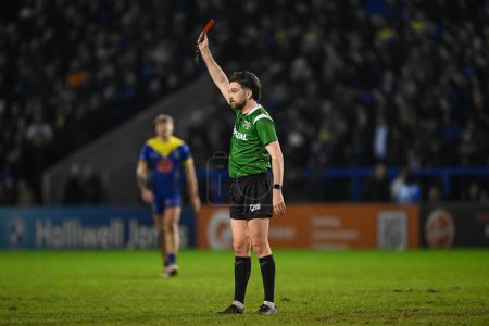 Photo for Referee Marcus Griffiths gives a red card to Faamanu Brown Hull FC for the tackle on Ben Currie of Warrington Wolves during the Betfred Super League Round 2 match Warrington Wolves vs Hull FC at Halliwell Jones Stadium, Warrington, United Kingdom, 2 - Royalty Free Image
