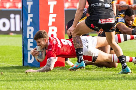 Photo for Amir Bourouh of Salford Red Devils goes over for a try during the Betfred Super League match Salford Red Devils vs Castleford Tigers at Salford Community Stadium, Eccles, United Kingdom, 25th February 202 - Royalty Free Image