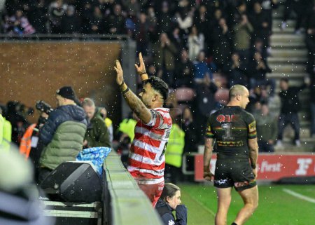 Photo for Bevan French of Wigan Warriors celebrates his try which is later disallowed, during the 2024 World Club Challenge match Wigan Warriors vs Penrith Panthers at DW Stadium, Wigan, United Kingdom, 24th February 202 - Royalty Free Image