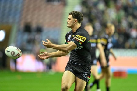 Photo for Nathan Cleary of Penrith Panthers warms up ahead of the match, during the 2024 World Club Challenge match Wigan Warriors vs Penrith Panthers at DW Stadium, Wigan, United Kingdom, 24th February 202 - Royalty Free Image