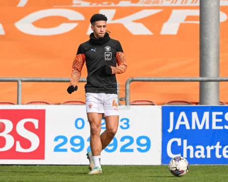 Photo for Jordan Lawrence-Gabriel of Blackpool during the pre-game warmup ahead of the Sky Bet League 1 match Blackpool vs Bolton Wanderers at Bloomfield Road, Blackpool, United Kingdom, 24th February 202 - Royalty Free Image