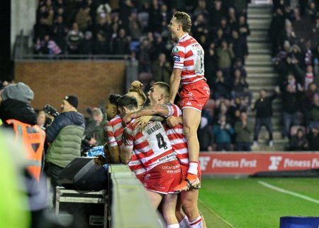 Photo for Bevan French of Wigan Warriors celebrates his try which is later disallowed, during the 2024 World Club Challenge match Wigan Warriors vs Penrith Panthers at DW Stadium, Wigan, United Kingdom, 24th February 202 - Royalty Free Image