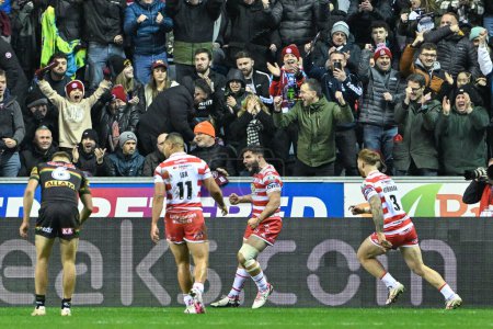 Photo for Abbas Miski of Wigan Warriors celebrates his try to make it 4-0 during the 2024 World Club Challenge match Wigan Warriors vs Penrith Panthers at DW Stadium, Wigan, United Kingdom, 24th February 202 - Royalty Free Image