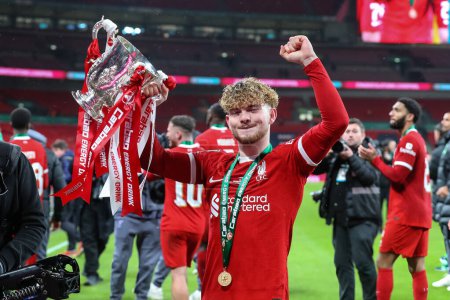 Photo for Harvey Elliott of Liverpool with the Carabao Cup during the Carabao Cup Final match Chelsea vs Liverpool at Wembley Stadium, London, United Kingdom, 25th February 202 - Royalty Free Image