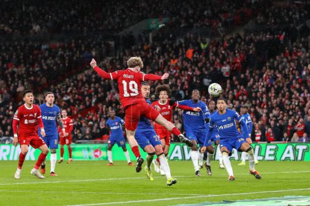 Photo for Harvey Elliott of Liverpool heads on goal late in extra time during the Carabao Cup Final match Chelsea vs Liverpool at Wembley Stadium, London, United Kingdom, 25th February 202 - Royalty Free Image