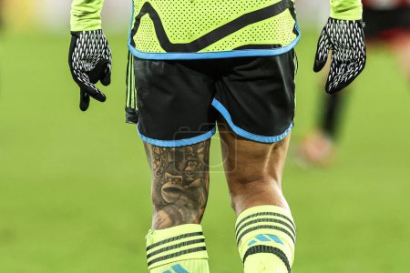 Photo for Tattoo on the back of Gabriel Jesus of Arsenal leg during the Premier League match Sheffield United vs Arsenal at Bramall Lane, Sheffield, United Kingdom, 4th March 202 - Royalty Free Image