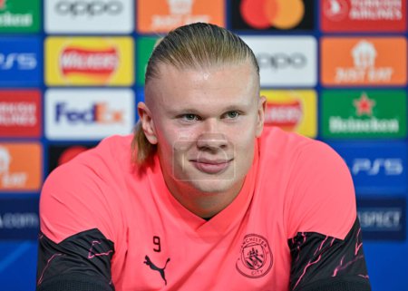 Photo for Erling Haaland of Manchester City, during the Manchester City Champions League press Conference at Etihad Campus, Manchester, United Kingdom, 5th March 2024 - Royalty Free Image