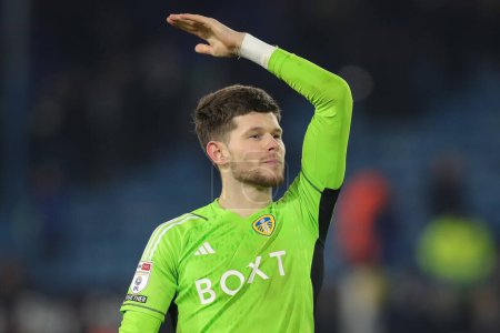 Photo for Illan Meslier of Leeds United salutes the supporters at full-time after the Sky Bet Championship match Leeds United vs Stoke City at Elland Road, Leeds, United Kingdom, 5th March 202 - Royalty Free Image