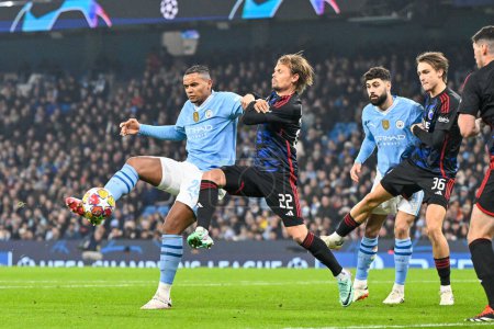 Photo for Manuel Akanji of Manchester City scores to make it 1-0 during the UEFA Champions League match Manchester City vs F.C. Copenhagen at Etihad Stadium, Manchester, United Kingdom, 6th March 202 - Royalty Free Image