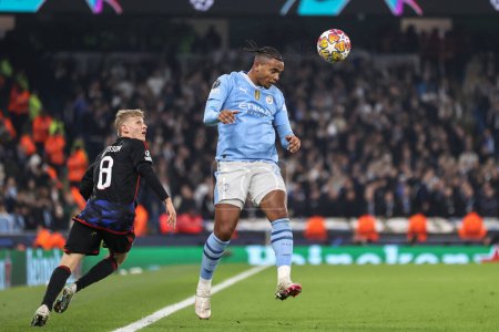 Photo for Manuel Akanji of Manchester City keeps the ball in play during the UEFA Champions League match Manchester City vs F.C. Copenhagen at Etihad Stadium, Manchester, United Kingdom, 6th March 202 - Royalty Free Image