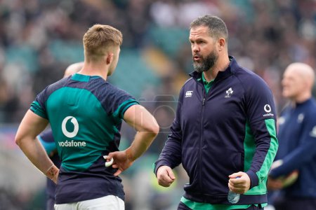 Photo for Andy Farrell head coach of Ireland speaks with Jack Crowley of Ireland before the 2024 Guinness 6 Nations match England vs Ireland at Twickenham Stadium, Twickenham, United Kingdom, 9th March 202 - Royalty Free Image