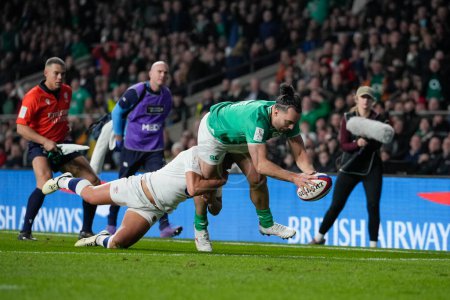 Photo for James Lowe of Ireland dives over to score his second try during the 2024 Guinness 6 Nations match England vs Ireland at Twickenham Stadium, Twickenham, United Kingdom, 9th March 202 - Royalty Free Image