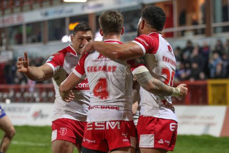 Photo for Oliver Gildart of Hull KR celebrates his try during the Betfred Super League Round 4 match Hull KR vs Warrington Wolves at Sewell Group Craven Park, Kingston upon Hull, United Kingdom, 7th March 202 - Royalty Free Image