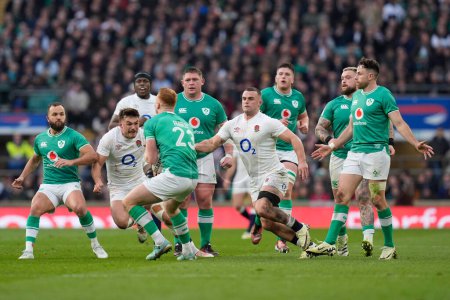 Photo for George Furbank of England and Ben Earl of England close down Ciaran Frawley of Ireland during the 2024 Guinness 6 Nations match England vs Ireland at Twickenham Stadium, Twickenham, United Kingdom, 9th March 202 - Royalty Free Image