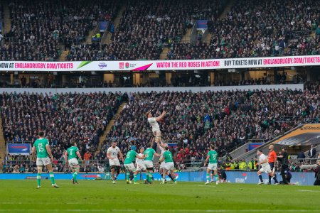 Photo for Ollie Chessum of England collects a line-out throw during the 2024 Guinness 6 Nations match England vs Ireland at Twickenham Stadium, Twickenham, United Kingdom, 9th March 202 - Royalty Free Image