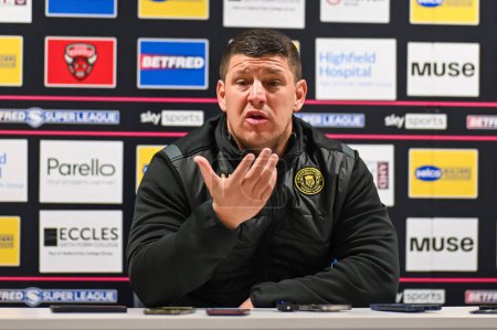 Photo for Matt Peet Head Coach of Wigan Warriors during the post match press conference during the Betfred Super League Round 5 match Salford Red Devils vs Wigan Warriors at Salford Community Stadium, Eccles, United Kingdom, 14th March 202 - Royalty Free Image