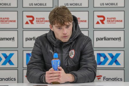 Photo for Luca Connell of Barnsley speaks at the post match press conference during the Sky Bet League 1 match Barnsley vs Cheltenham Town at Oakwell, Barnsley, United Kingdom, 16th March 202 - Royalty Free Image