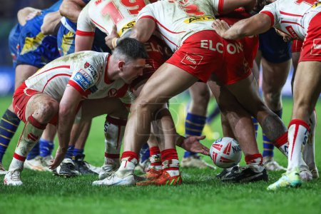 Photo for Lewis Dodd of St. Helens feeds the ball into a Saints scrum during the Betfred Super League Round 5 match Leeds Rhinos vs St Helens at Headingley Stadium, Leeds, United Kingdom, 15th March 202 - Royalty Free Image