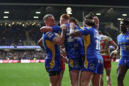 Photo for Luis Roberts of Leeds Rhinos celebrates his try during the Betfred Super League Round 5 match Leeds Rhinos vs St Helens at Headingley Stadium, Leeds, United Kingdom, 15th March 202 - Royalty Free Image