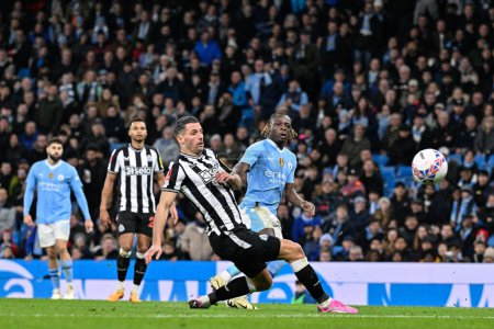 Photo for Jrmy Doku of Manchester City shoots on goal, during the Emirates FA Cup Quarter- Final match Manchester City vs Newcastle United at Etihad Stadium, Manchester, United Kingdom, 16th March 2024 - Royalty Free Image