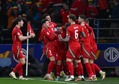 Photo for David Brooks of Wales celebrates his goal to make it 1-0 Wales, during the UEFA Euro Qualifiers Play-Off Semi-Final match Wales vs Finland at Cardiff City Stadium, Cardiff, United Kingdom, 21st March 202 - Royalty Free Image
