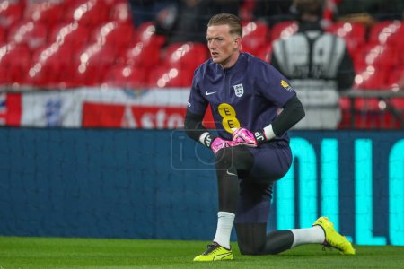 Photo for Jordan Pickford of England in the pregame warmup session during the International Friendly match England vs Brazil at Wembley Stadium, London, United Kingdom, 23rd March 202 - Royalty Free Image