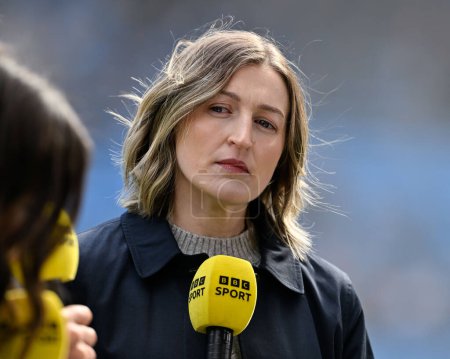 Photo for Former Manchester City footballer Ellen White speaks with the BBC ahead of the match, during The FA Women's Super League match Manchester City Women vs Manchester United Women at Etihad Stadium, Manchester, United Kingdom, 23rd March 202 - Royalty Free Image