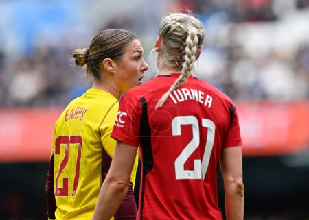Photo for Mary Earps of Manchester United Women and Millie Turner of Manchester United Women speak, during The FA Women's Super League match Manchester City Women vs Manchester United Women at Etihad Stadium, Manchester, United Kingdom, 23rd March 202 - Royalty Free Image