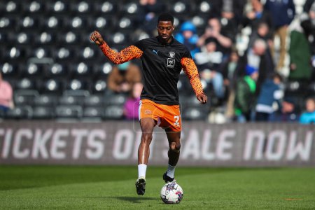 Photo for Marvin Ekpiteta of Blackpool during the pre-game warm up ahead of the Sky Bet League 1 match Derby County vs Blackpool at Pride Park Stadium, Derby, United Kingdom, 29th March 202 - Royalty Free Image