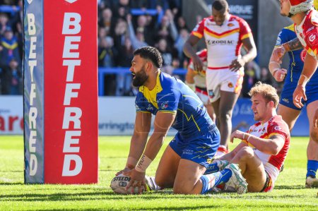 Photo for Zane Musgrove of Warrington Wolves goes over for a try during the Betfred Super League match Warrington Wolves vs Catalans Dragons at Halliwell Jones Stadium, Warrington, United Kingdom, 30th March 202 - Royalty Free Image