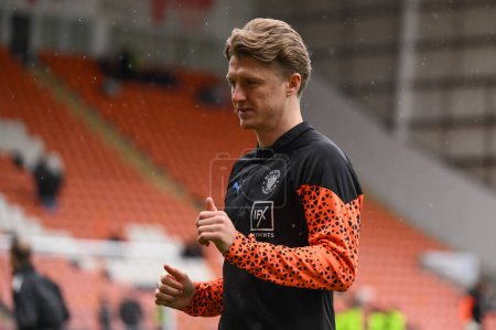 Photo for George Byers of Blackpool during the pre-game warmup ahead of the Sky Bet League 1 match Blackpool vs Wycombe Wanderers at Bloomfield Road, Blackpool, United Kingdom, 1st April 202 - Royalty Free Image
