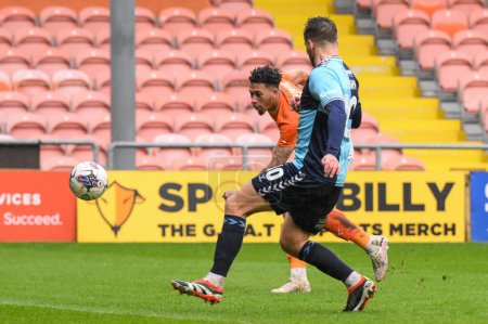Photo for Jordan Lawrence-Gabriel of Blackpool shoots on goal during the Sky Bet League 1 match Blackpool vs Wycombe Wanderers at Bloomfield Road, Blackpool, United Kingdom, 1st April 202 - Royalty Free Image