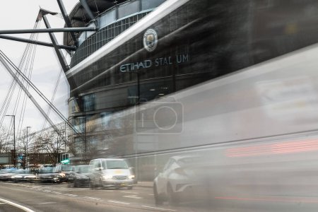 Photo for Etihad Stadium sign through the window of a passing bus during the Premier League match Manchester City vs Aston Villa at Etihad Stadium, Manchester, United Kingdom, 3rd April 202 - Royalty Free Image