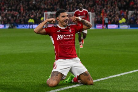 Photo for Morgan Gibbs-White of Nottingham Forest celebrates his goal to make it  3-0 during the Premier League match Nottingham Forest vs Fulham at City Ground, Nottingham, United Kingdom, 2nd April 202 - Royalty Free Image