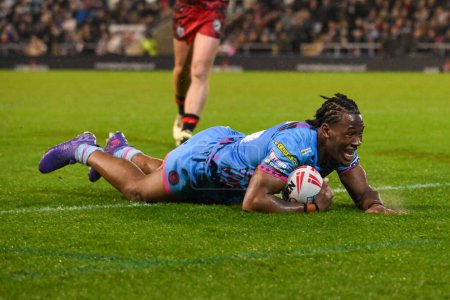 Photo for Junior Nsemba of Wigan Warriors goes over for a try during the Betfred Super League Round 7 match Leigh Leopards vs Wigan Warriors at Leigh Sports Village, Leigh, United Kingdom, 4th April 202 - Royalty Free Image