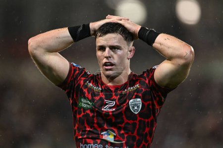 Photo for Kai ODonnell of Leigh Leopards reacts to his side conceding a try during the Betfred Super League Round 7 match Leigh Leopards vs Wigan Warriors at Leigh Sports Village, Leigh, United Kingdom, 4th April 2024 - Royalty Free Image