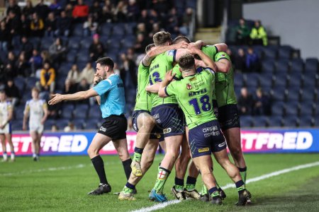Photo for Joe Bullock of Warrington Wolves celebrates his try to make it 4-14 during the Betfred Super League Round 7 match Leeds Rhinos vs Warrington Wolves at Headingley Stadium, Leeds, United Kingdom, 5th April 202 - Royalty Free Image