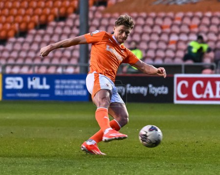 Photo for George Byers of Blackpool shoots on goal during the Sky Bet League 1 match Blackpool vs Fleetwood Town at Bloomfield Road, Blackpool, United Kingdom, 9th April 202 - Royalty Free Image