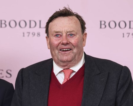 Photo for Winning trainer Nicky Henderson of Sir Gino after winning the 2.20pm The Boodles Anniversary 4-y-o Juvenile Hurdle (Class 1) during the Randox Grand National 2024 Opening Day at Aintree Racecourse, Liverpool, United Kingdom, 11th April 202 - Royalty Free Image