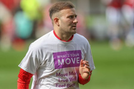 Photo for Herbie Kane of Barnsley in the pregame warmup session in a Whats Your Move shirt during the Sky Bet League 1 match Barnsley vs Reading at Oakwell, Barnsley, United Kingdom, 13th April 2024 - Royalty Free Image