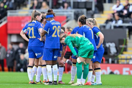Photo for Chelsea regroup after going 2-0 down, during the Adobe Women's FA Cup Semi-Final match Manchester United Women vs Chelsea FC Women at Leigh Sports Village, Leigh, United Kingdom, 14th April 202 - Royalty Free Image