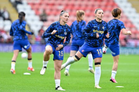 Photo for Ve Prisset of Chelsea Women and Johanna Rytting Kaneryd of Chelsea Women warms up ahead of the match, during the Adobe Women's FA Cup Semi-Final match Manchester United Women vs Chelsea FC Women at Leigh Sports Village, Leigh, United Kingdom - Royalty Free Image