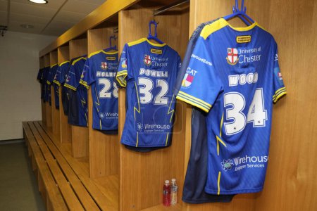 Photo for A general view of the Wolves changing room at the Totally Wicked Stadium before the match the Betfred Challenge Cup Quarter Final match St Helens vs Warrington Wolves at Totally Wicked Stadium, St Helens, United Kingdom, 14th April 202 - Royalty Free Image