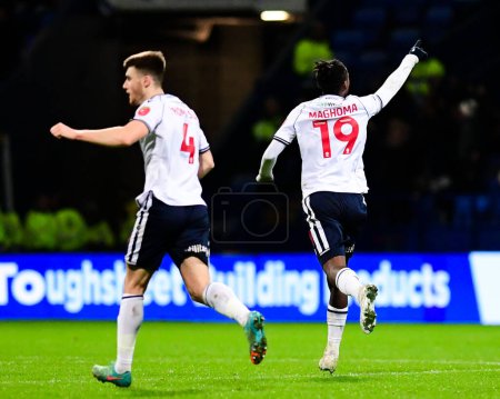 Photo for Paris Maghoma of Bolton Wanderers celebrates his goal to make it 2-2 during the Sky Bet League 1 match Bolton Wanderers vs Shrewsbury Town at Toughsheet Community Stadium, Bolton, United Kingdom, 16th April 202 - Royalty Free Image
