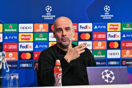 Photo for Pep Guardiola Manager of Manchester City during the Manchester City Champions League press Conference at Joie Stadium, Manchester, United Kingdom, 16th April 202 - Royalty Free Image