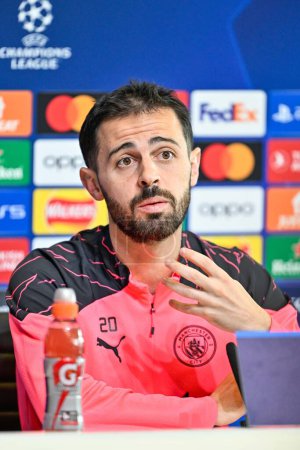 Photo for Bernardo Silva of Manchester City  during the Manchester City Champions League press Conference at Joie Stadium, Manchester, United Kingdom, 16th April 202 - Royalty Free Image
