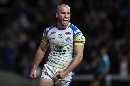 Photo for Jarrod OConnor of Leeds Rhinos celebrates his try to make it 22-12 during the Betfred Super League Round 8 match Leeds Rhinos vs Huddersfield Giants at Headingley Stadium, Leeds, United Kingdom, 19th April 2024 - Royalty Free Image